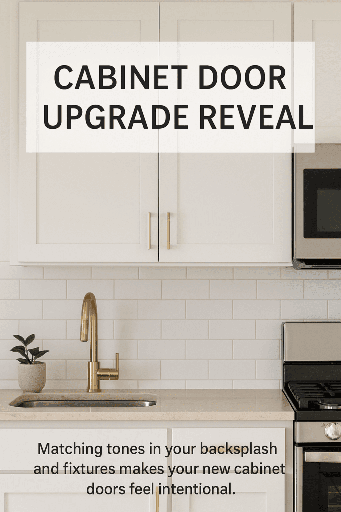 Modern kitchen showing new cabinet doors with matching backsplash and hardware