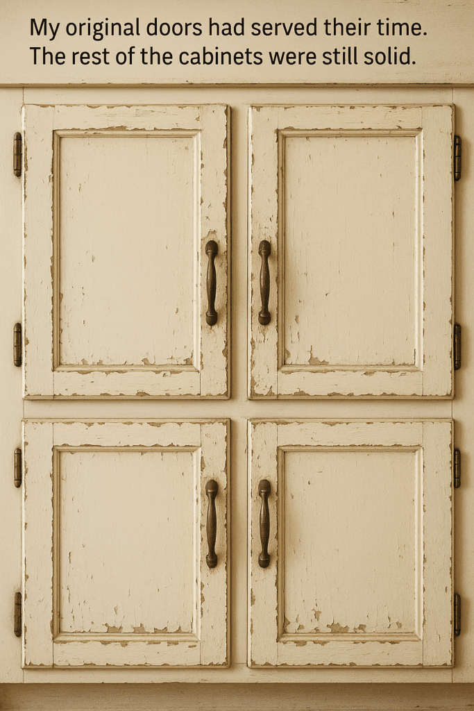  Worn-out cabinet doors with chipped paint and outdated hardware