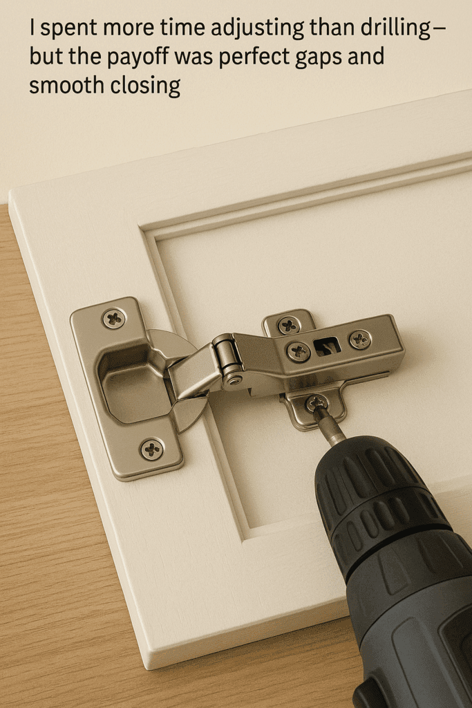  European-style concealed hinges being installed on a cabinet door