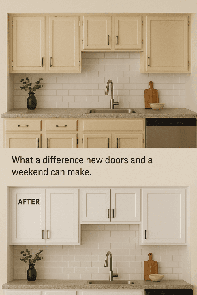 Before and after kitchen with old and new cabinet doors