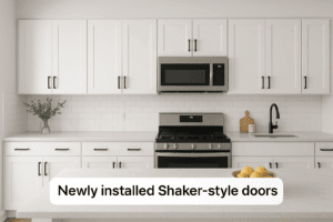 Newly installed Shaker-style cabinet doors with matte black hardware in a bright kitchen