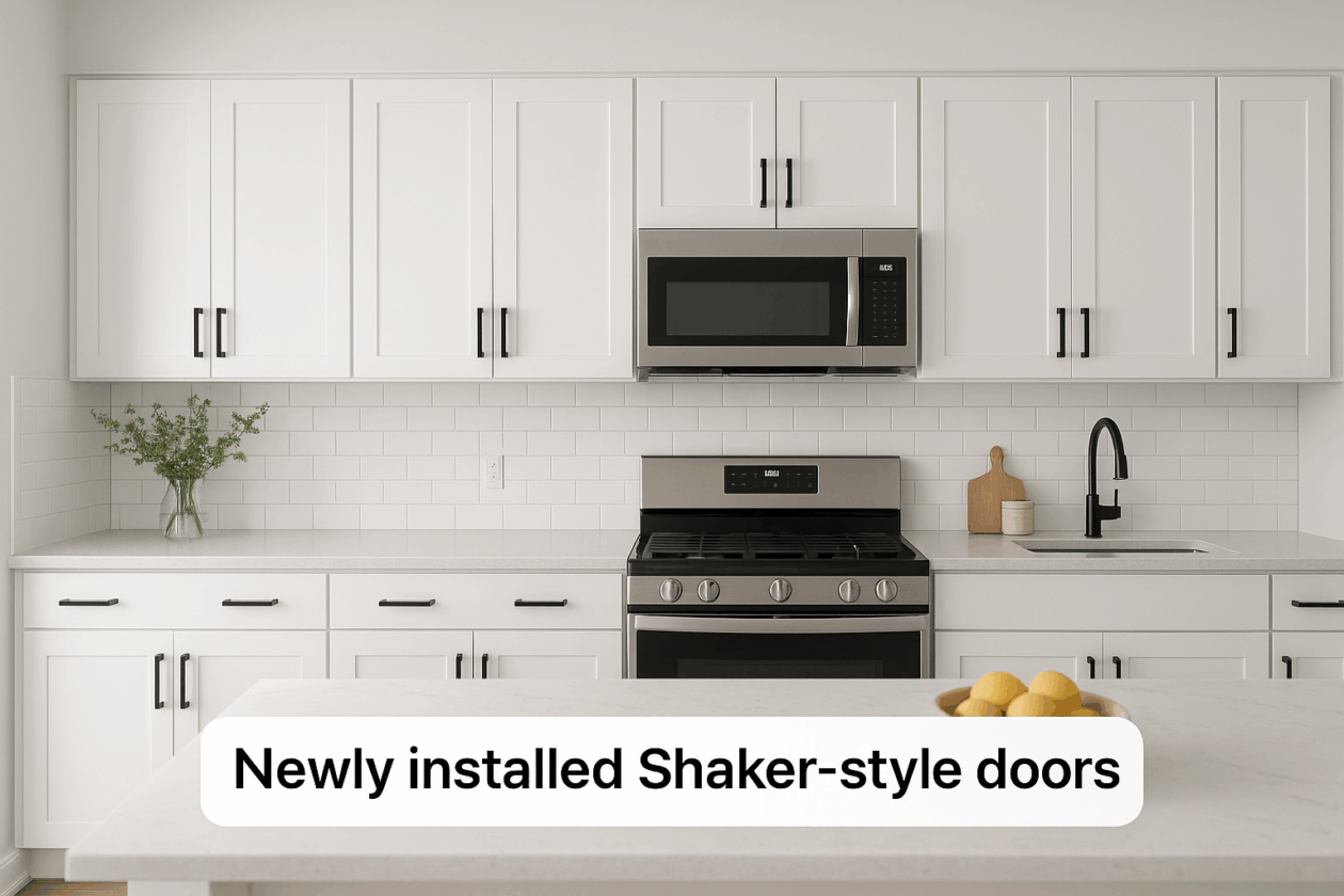 Newly installed Shaker-style cabinet doors with matte black hardware in a bright kitchen
