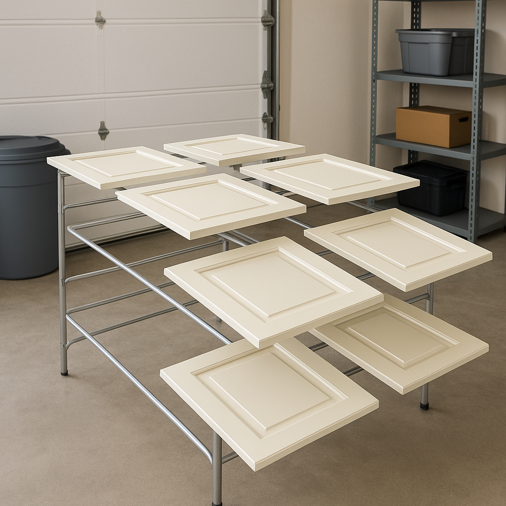 Painted cabinet doors drying on a rack in a clean garage setup