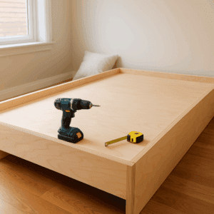 Plywood platform bed frame mid-construction with visible layered sheets