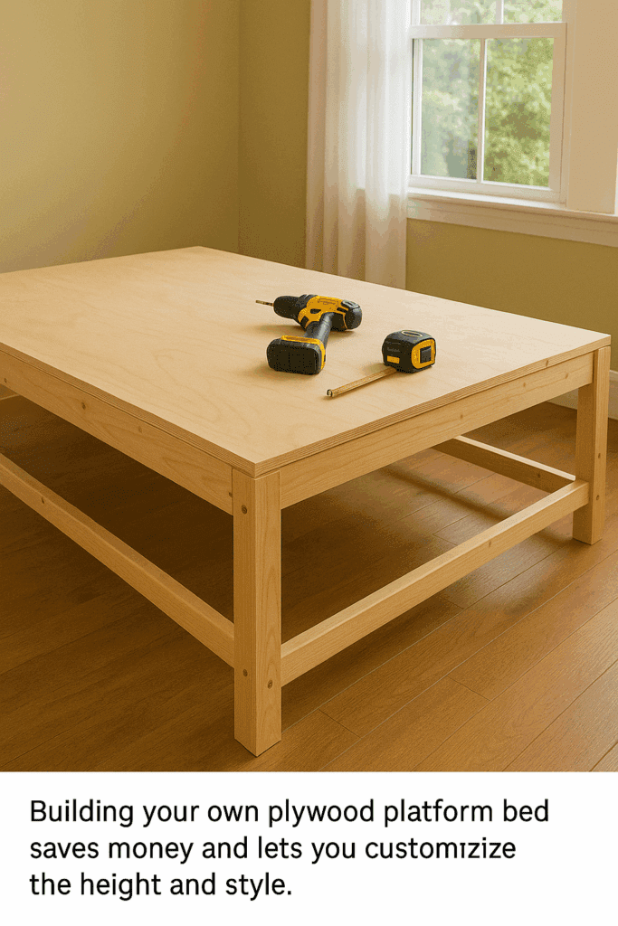 DIY platform bed in progress with plywood sheet attached to the frame