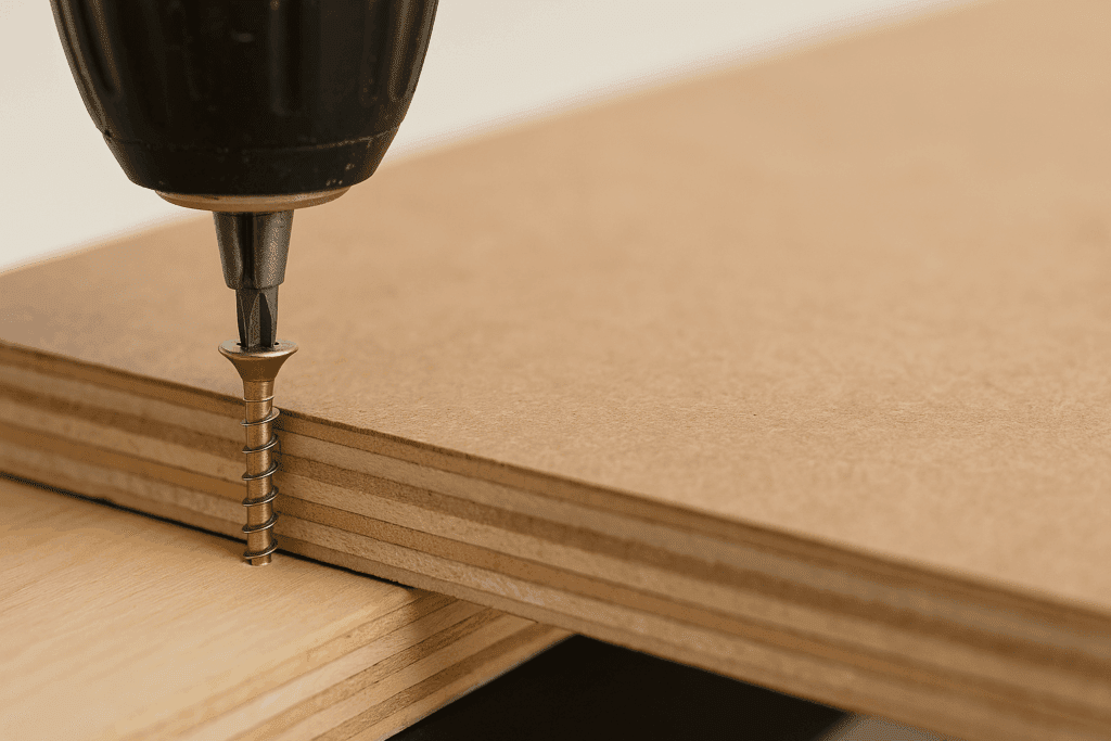 Wood screws being installed into plywood bed base