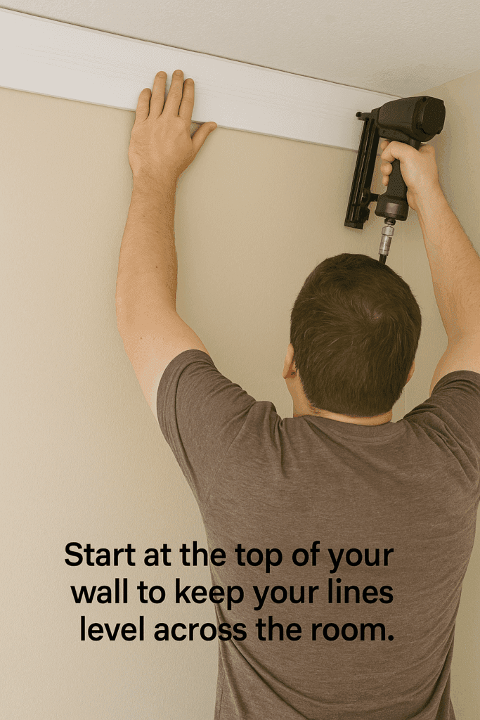 Installing the first shiplap board at the top of the wall