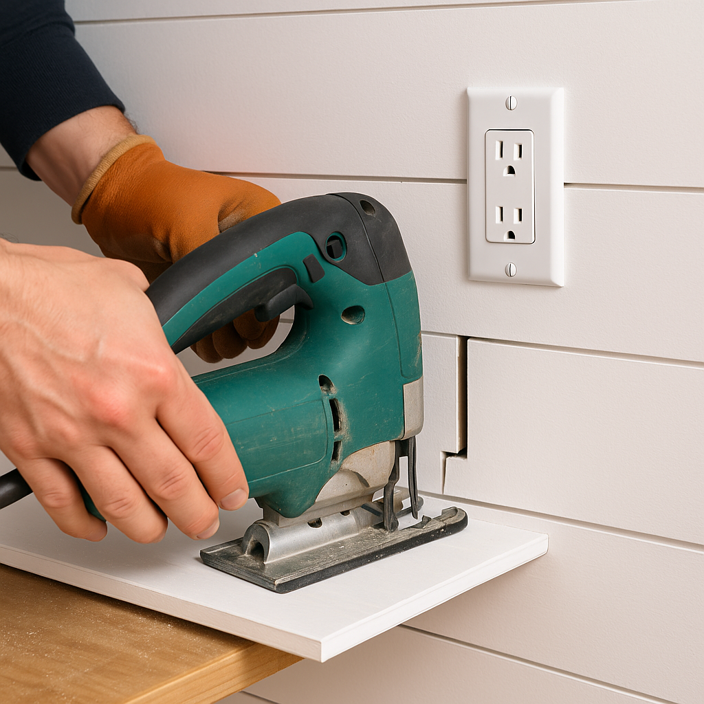 Jigsaw cutting a notch in shiplap to fit around an outlet