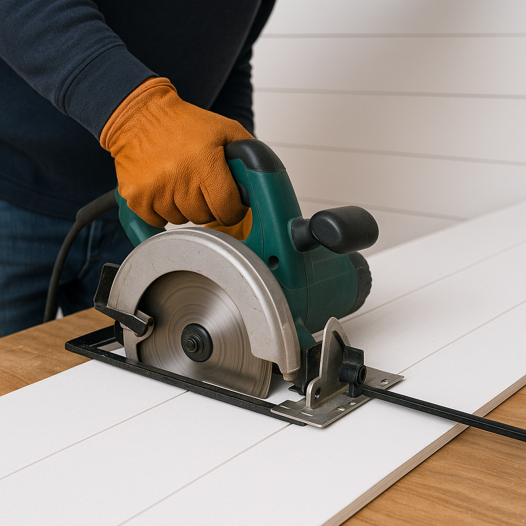 Last shiplap row being cut to width with a circular saw