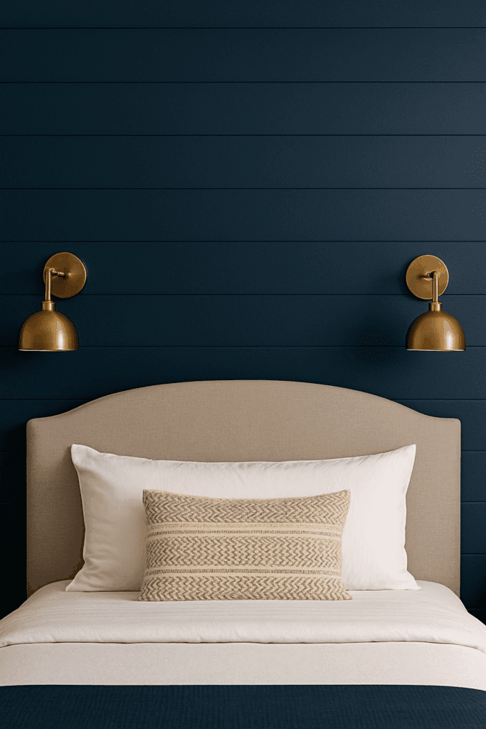Moody navy shiplap wall behind bed with brass lights