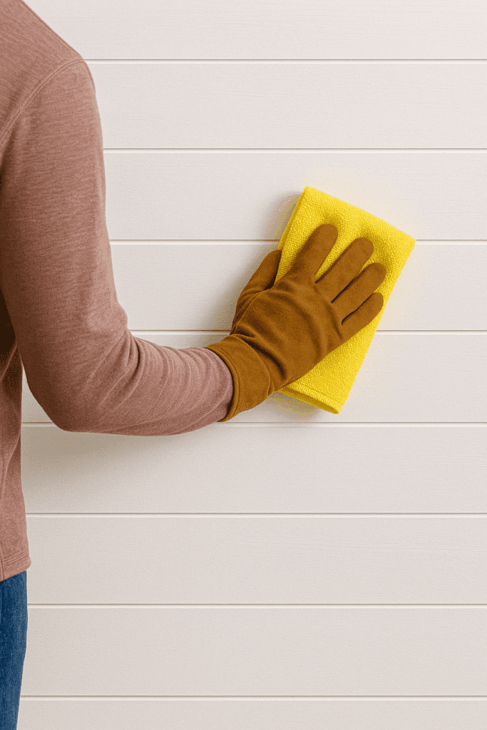 Dusting white shiplap with a microfiber cloth