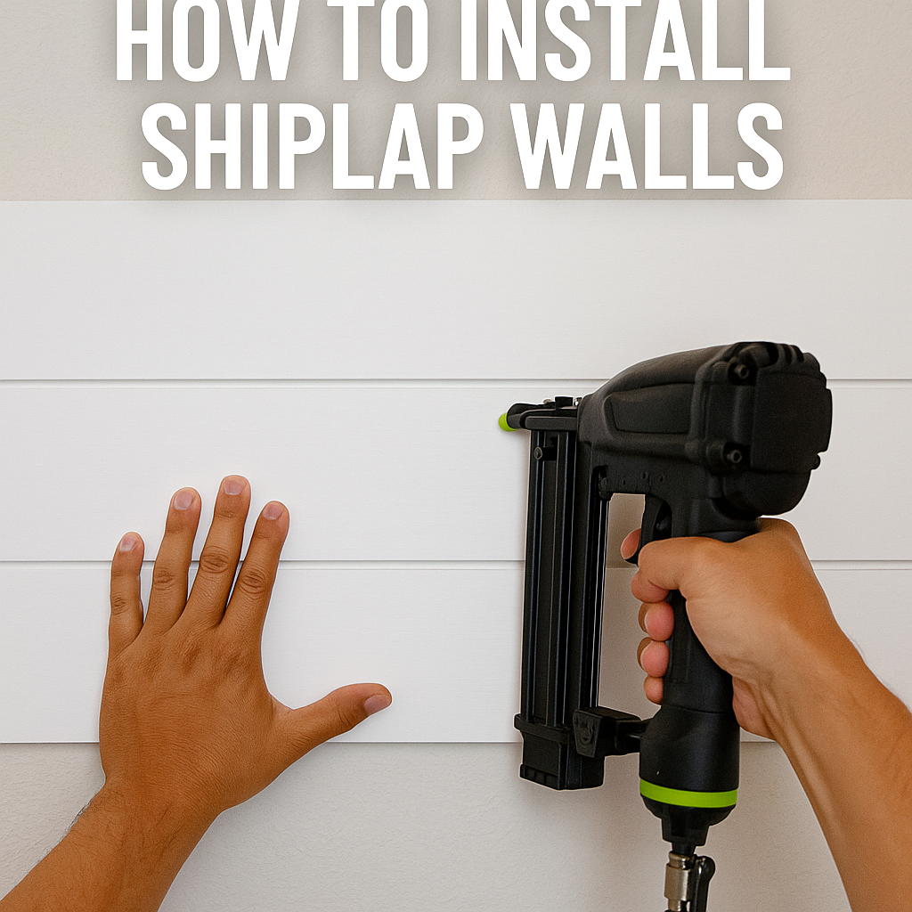 Close-up of shiplap being installed with a brad nailer and guiding hand