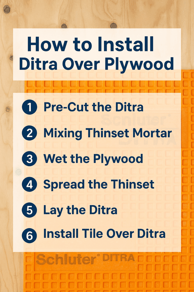 Step-by-step infographic showing how to install Ditra over plywood, including pre-cutting, mixing thin set, wetting plywood, spreading mortar, laying Ditra, and installing tile