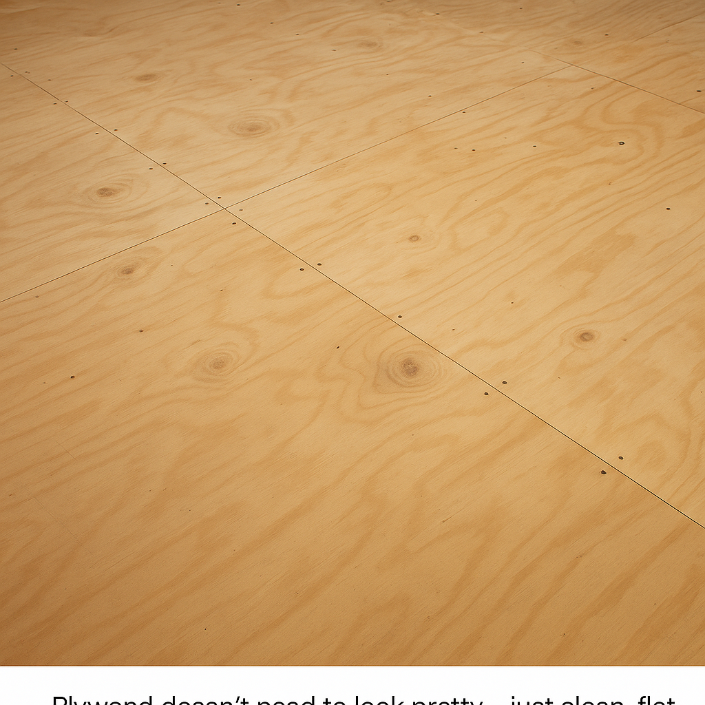 Construction-grade plywood subfloor in clean condition before tile installation