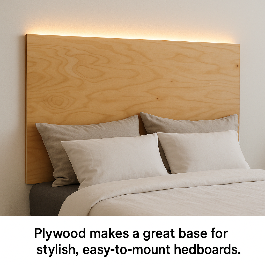 Wall-mounted plywood headboard with LED lights
