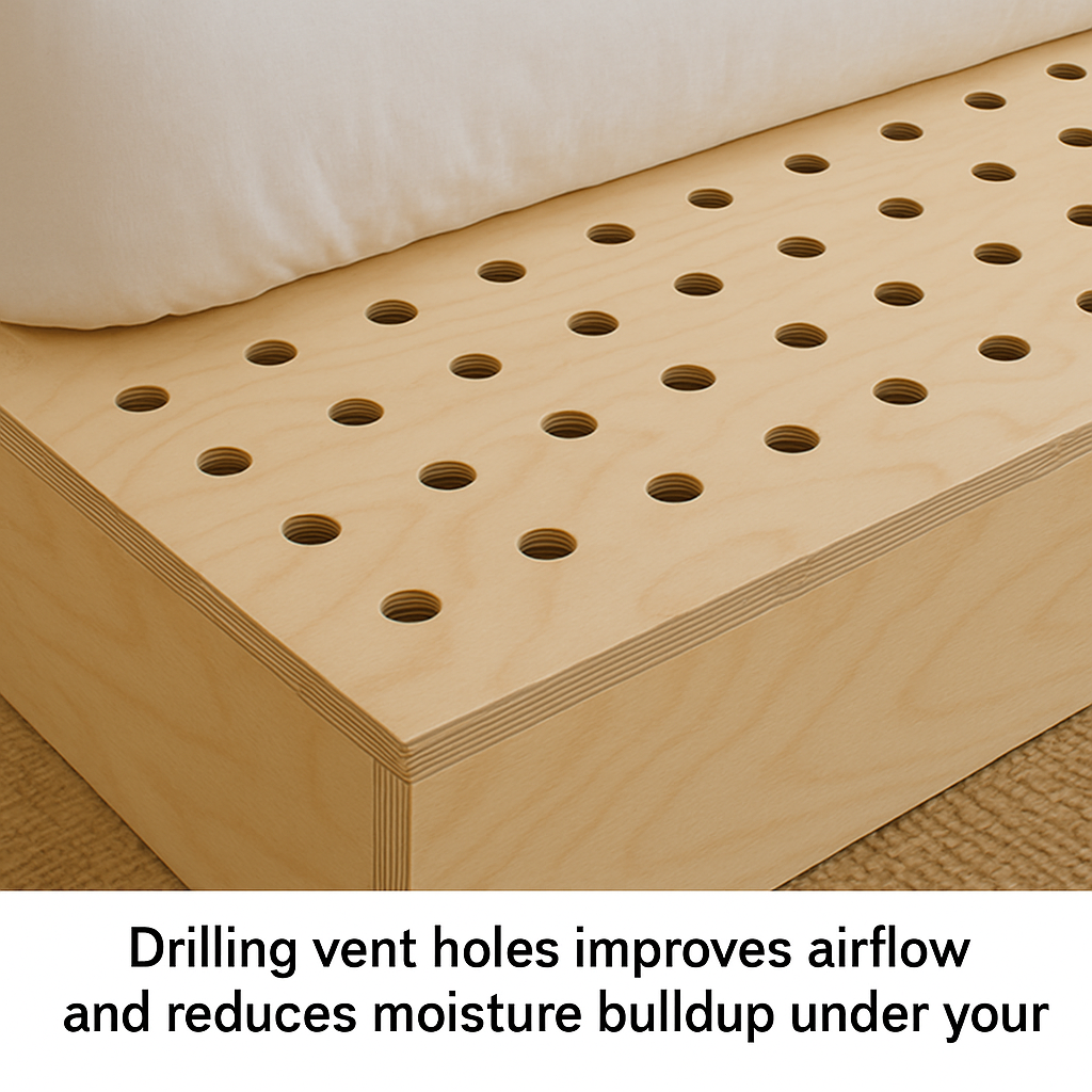 Ventilation holes drilled in plywood bed base