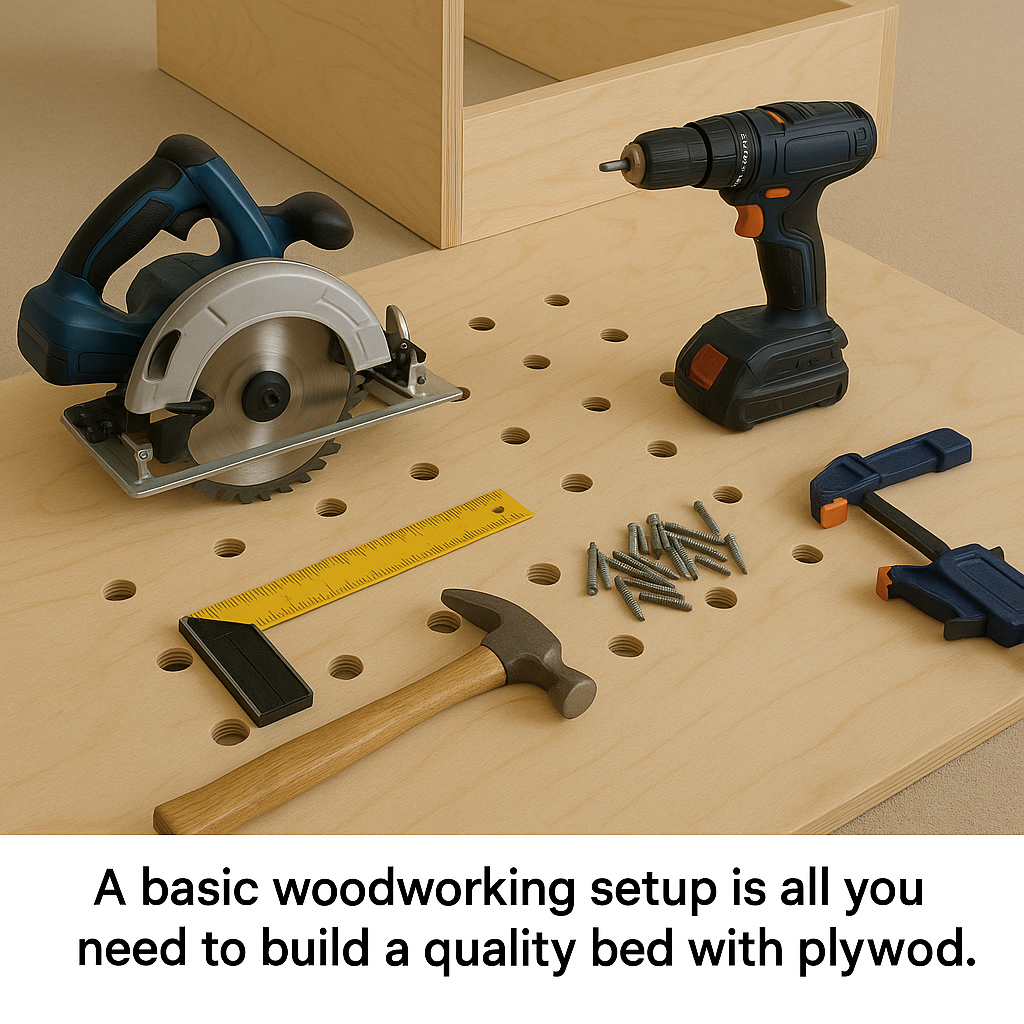  Tools laid out for cutting and assembling plywood bed