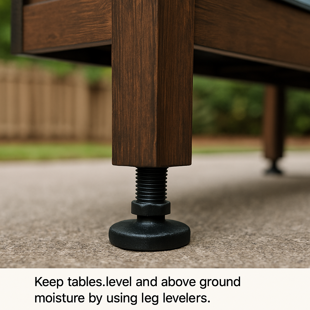 Close-up of leg levelers on outdoor shuffleboard table