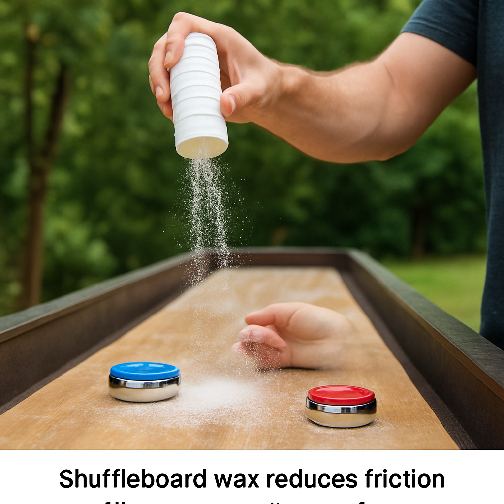  Sprinkling wax on an outdoor shuffleboard table