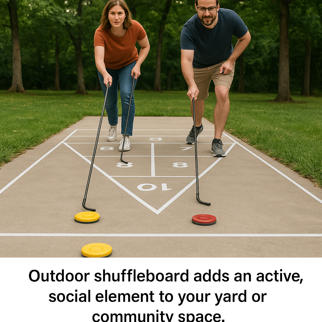 Outdoor players using cues to slide shuffleboard pucks