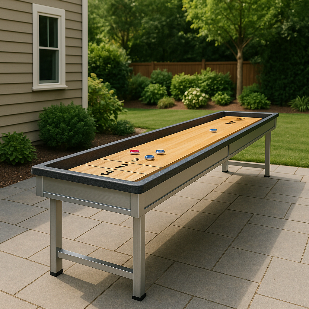 Outdoor shuffleboard table with metal frame on backyard patio