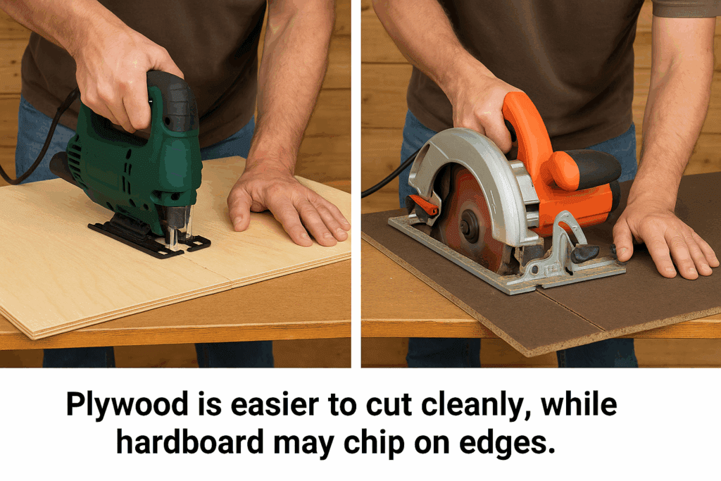 Worker using a jigsaw on plywood vs a circular saw on hardboard