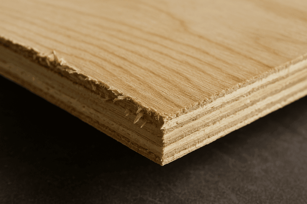Splintered plywood edge after rough saw cut