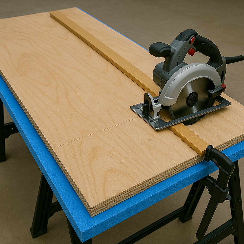 Plywood cutting setup using foam support
