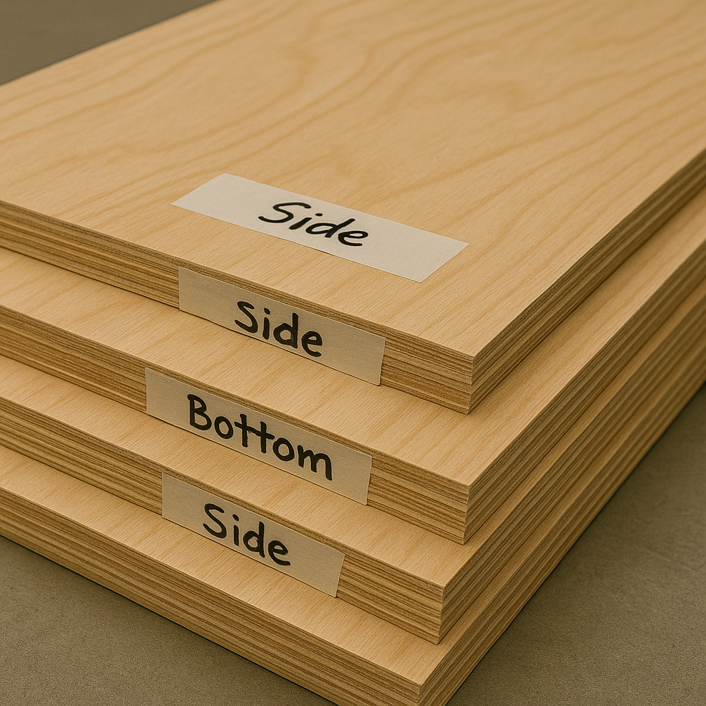 Labeled plywood panels stacked neatly