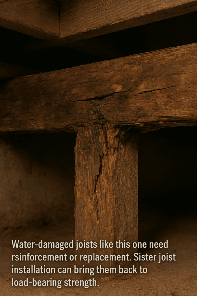 Rotten floor joist with moisture damage and splintering wood