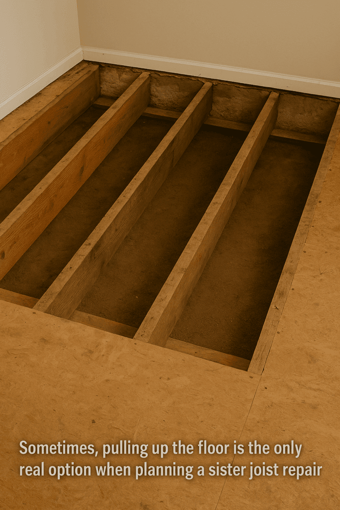 Subfloor removed to expose floor joists beneath