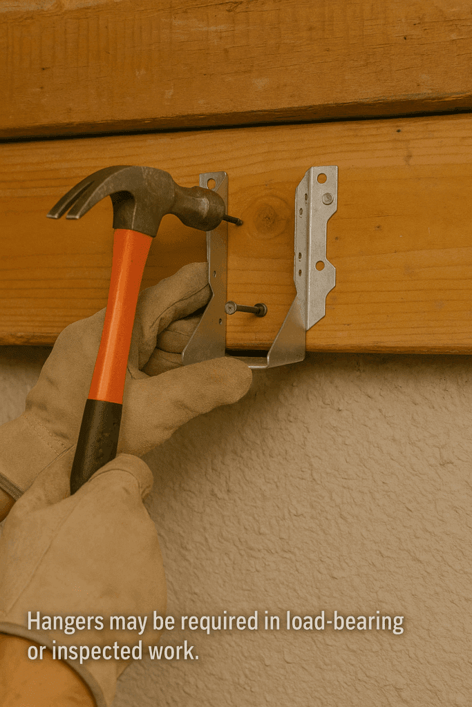 Worker attaching joist hanger with framing nails to a ledger
