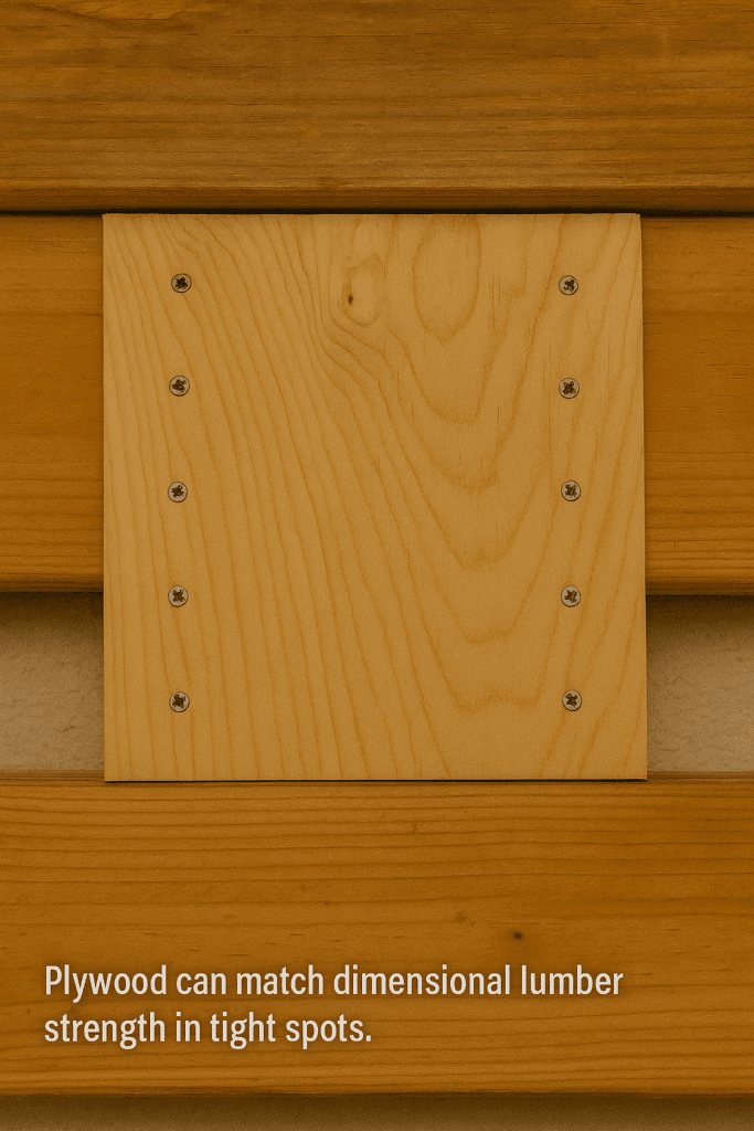 Sheets of plywood secured to both sides of an existing floor joist