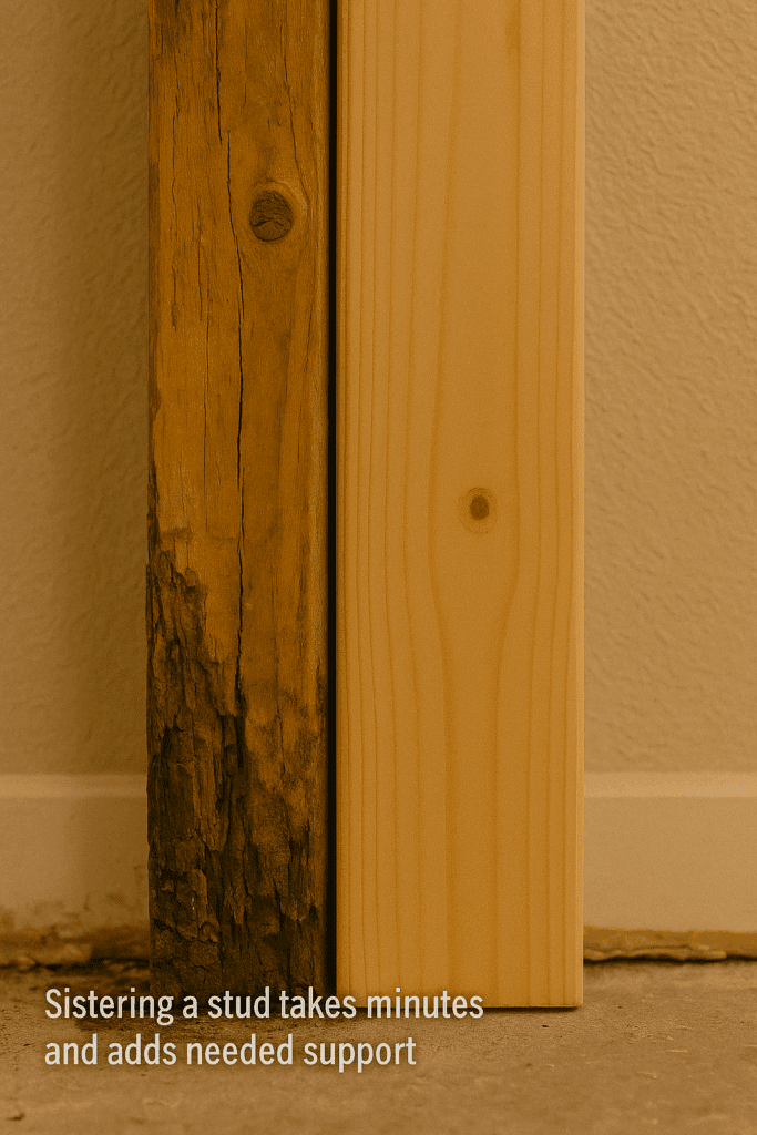 New 2x4 installed beside a damaged wall stud