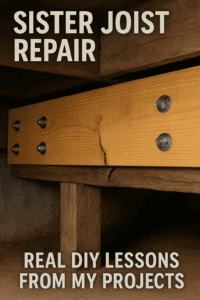Close-up of a sistered joist with new lumber bolted alongside an old damaged floor joist