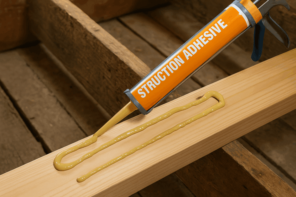 Construction adhesive being applied to a 2x10 board