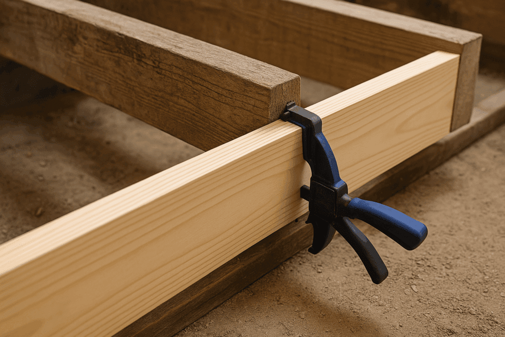 Floor joist clamped tightly before fasteners are installed