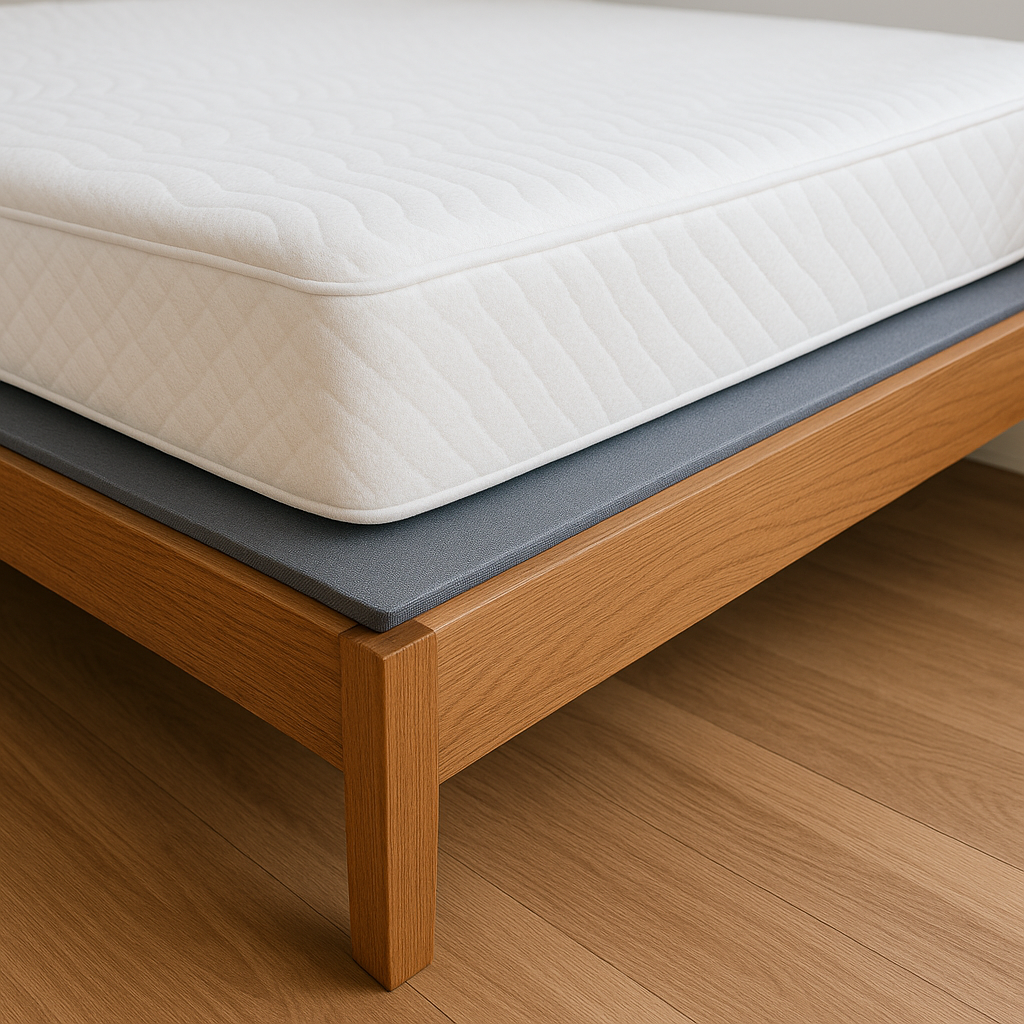 Modern bed frame using a plywood Bunkie board under a foam mattress