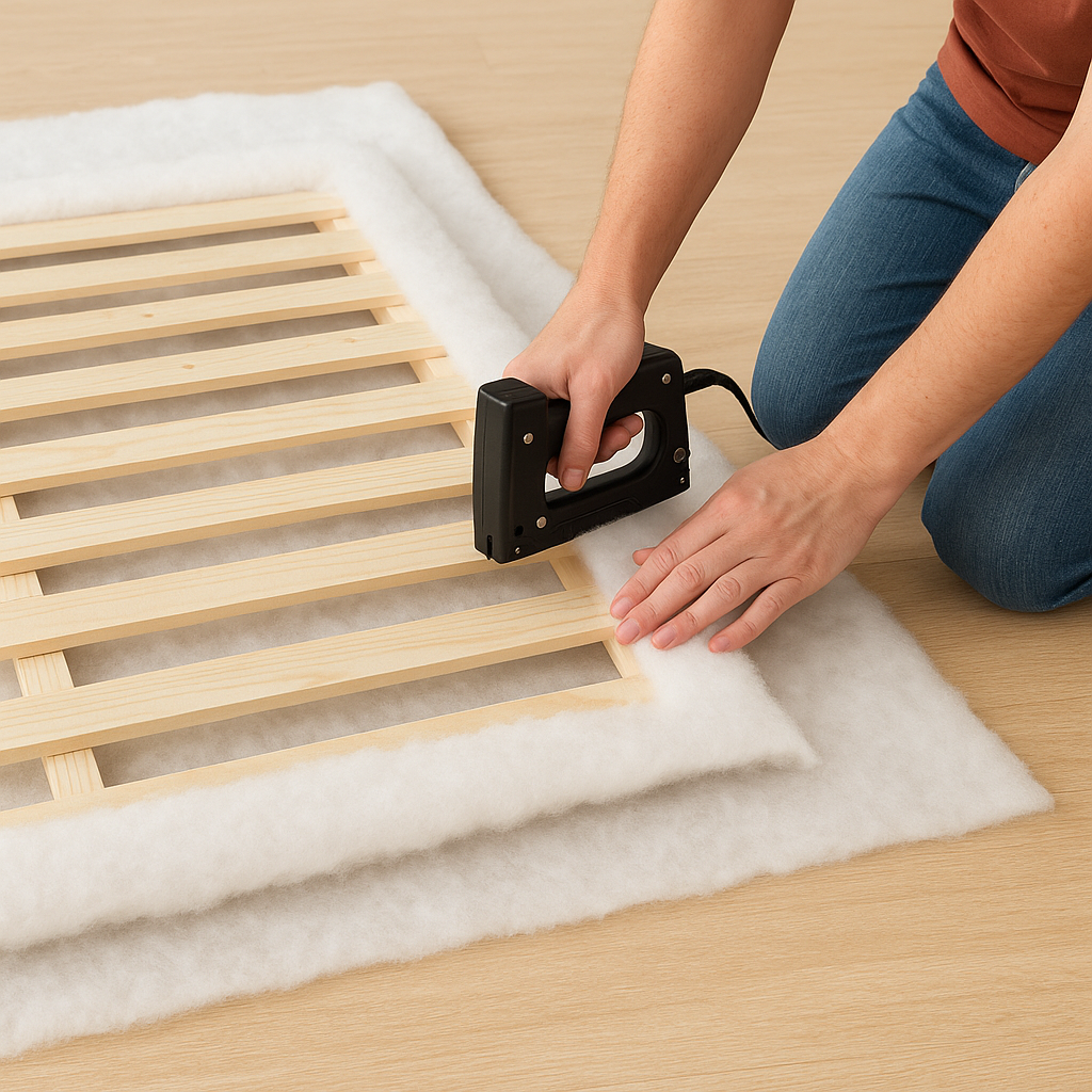 Applying batting to plywood slats before upholstery
