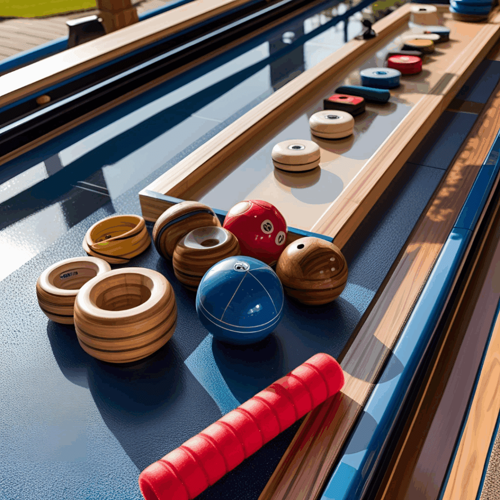 Assortment of shuffleboard accessories and outdoor gear