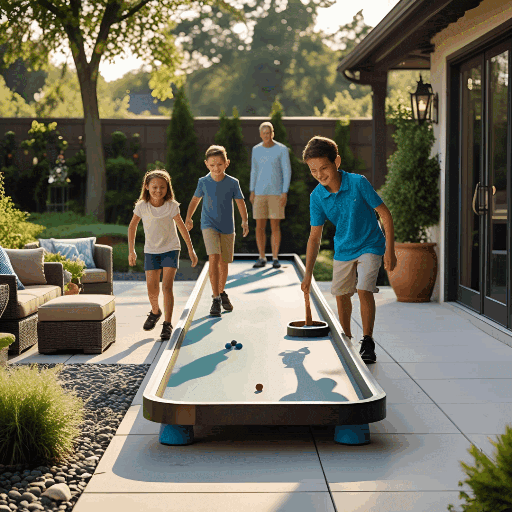 Family playing outdoor shuffleboard next to garden and patio seating