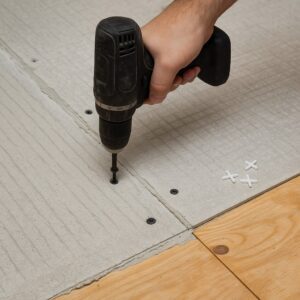“Preparing a plywood subfloor for tile by fastening cement backerboard over thinset.”
