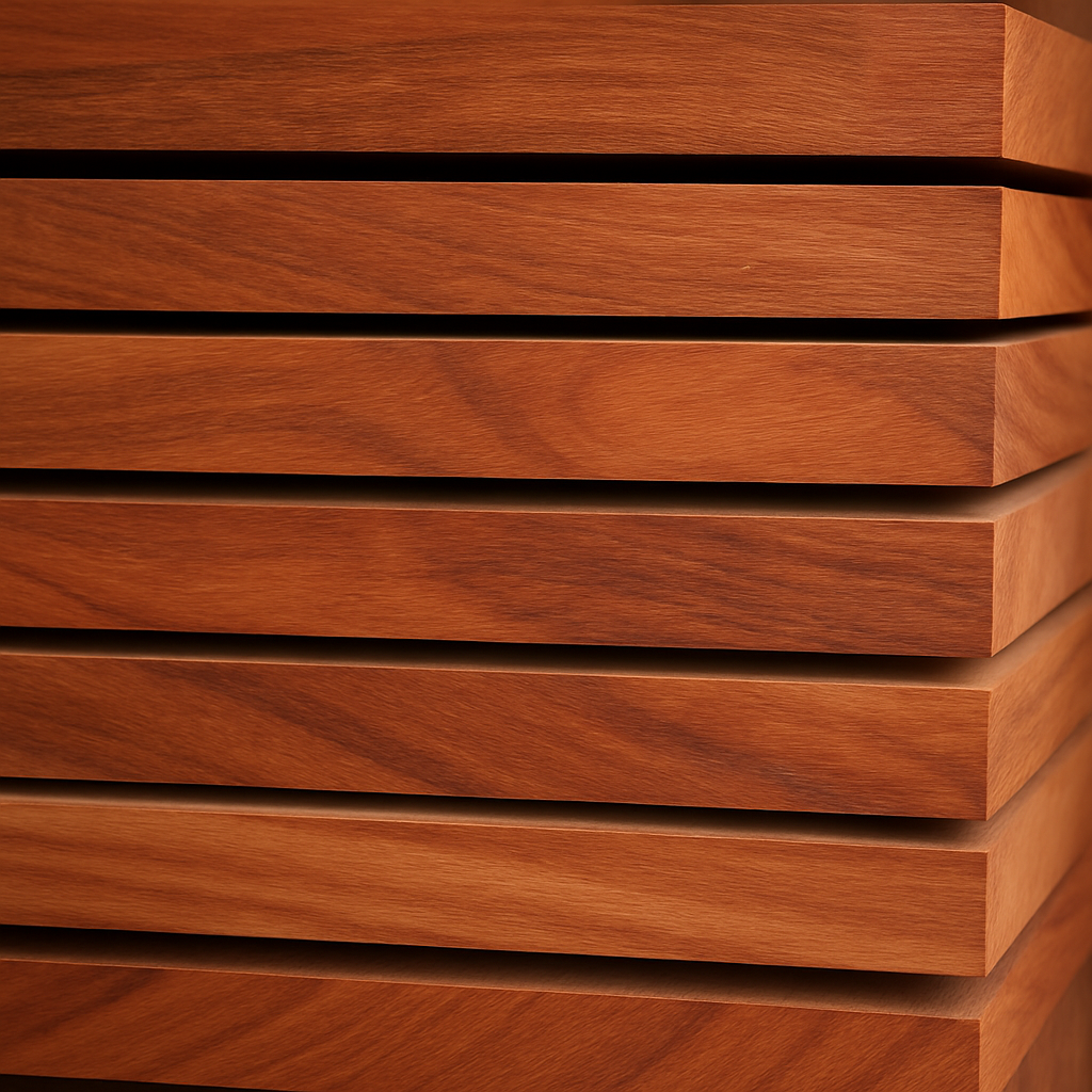 Stack of eucalyptus wood boards showing rich reddish-brown grain patterns