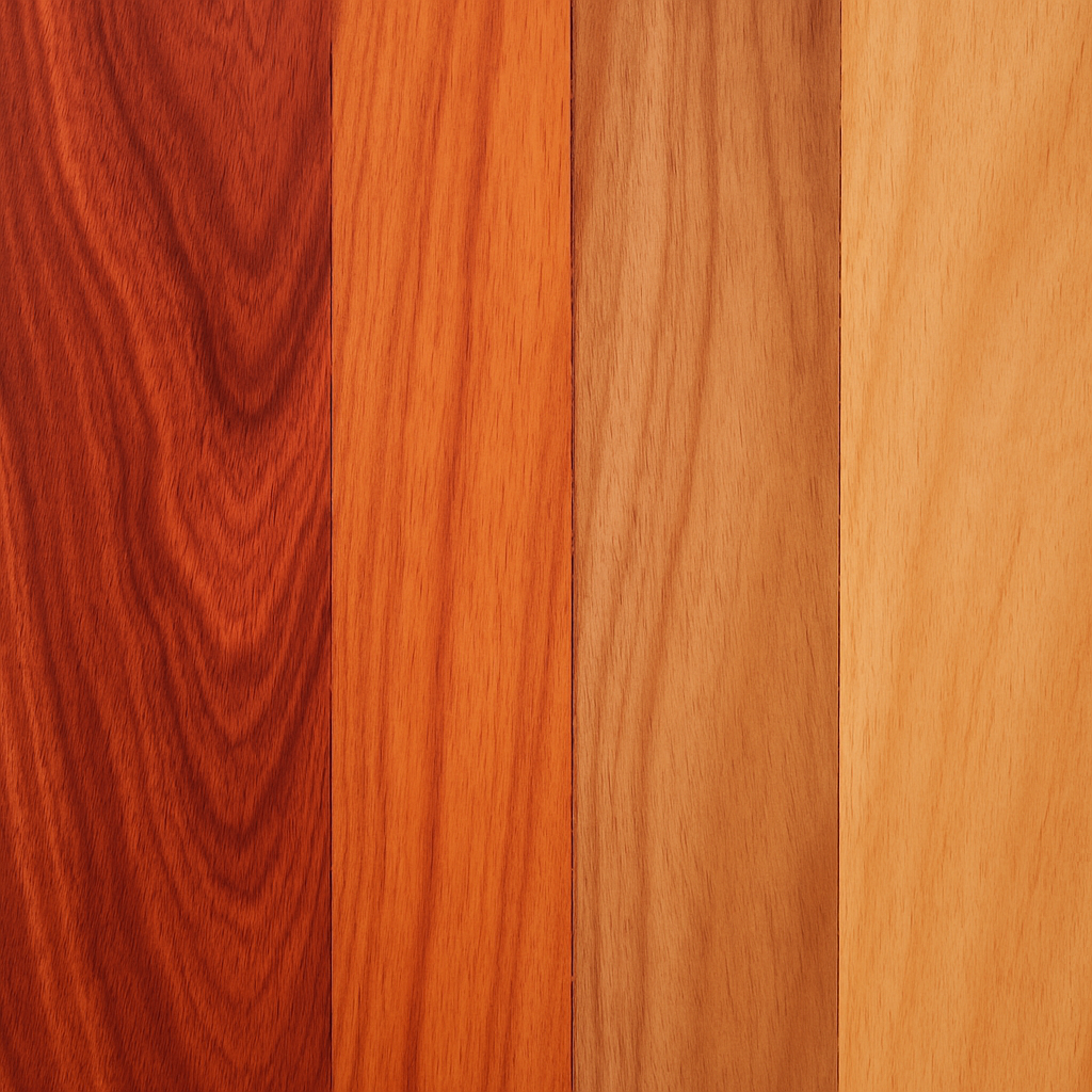 Close-up of eucalyptus wood grain showing natural color variations from deep red to sandy light brown.