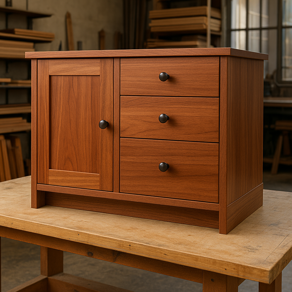 Cabinet built with eucalyptus plywood panels in a woodworking shop, showing smooth reddish-brown finish.