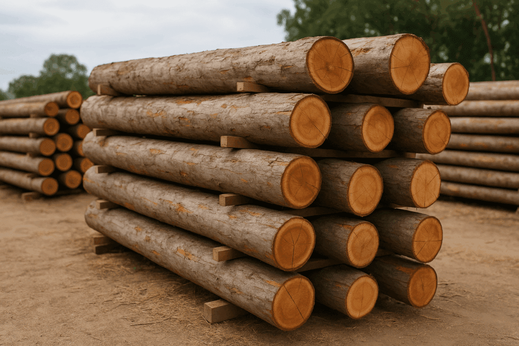Eucalyptus logs stacked with spacers between layers for air-drying outdoors