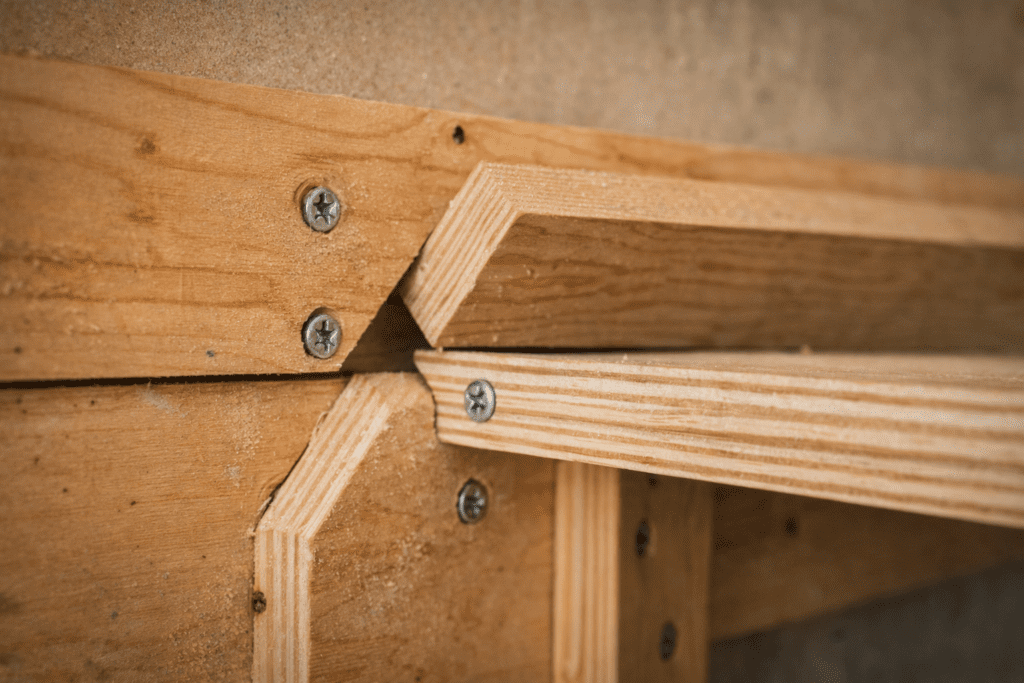 Two plywood French cleats locking together at a 45-degree angle on a workshop wall