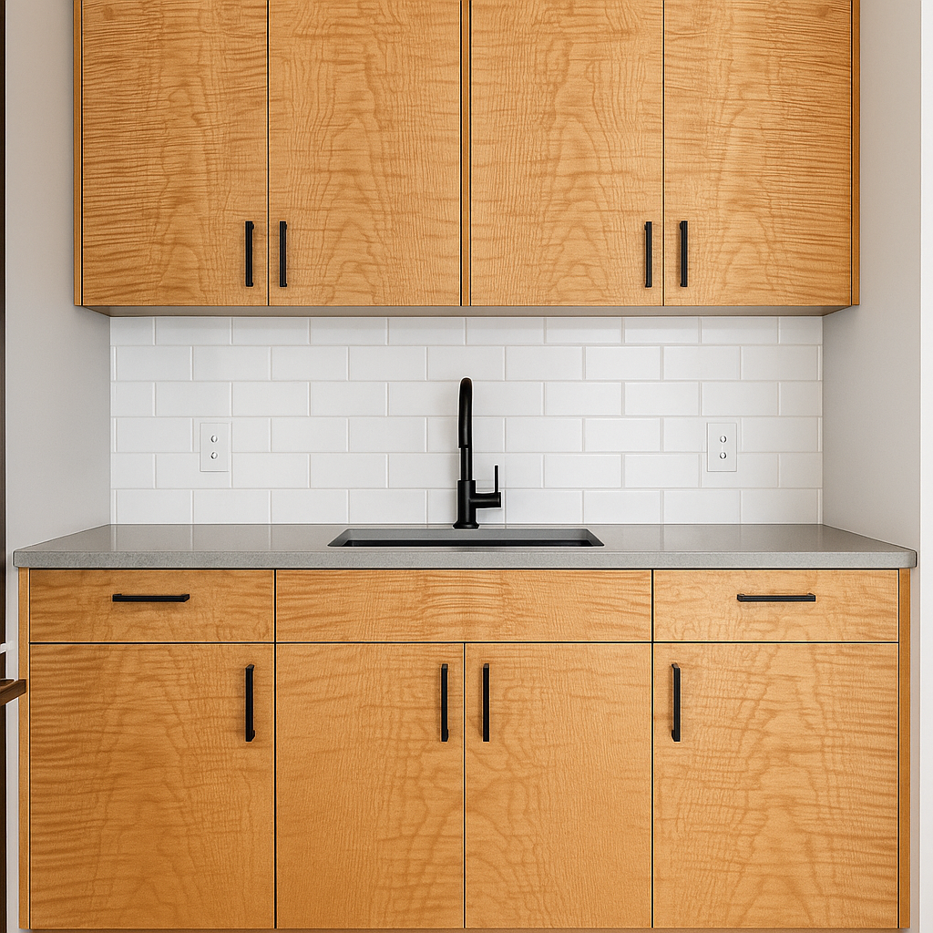 Modern kitchen with tiger maple cabinet fronts and matte black hardware