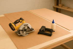 Tools scattered across a messy workbench with a few luan sheets leaning nearby