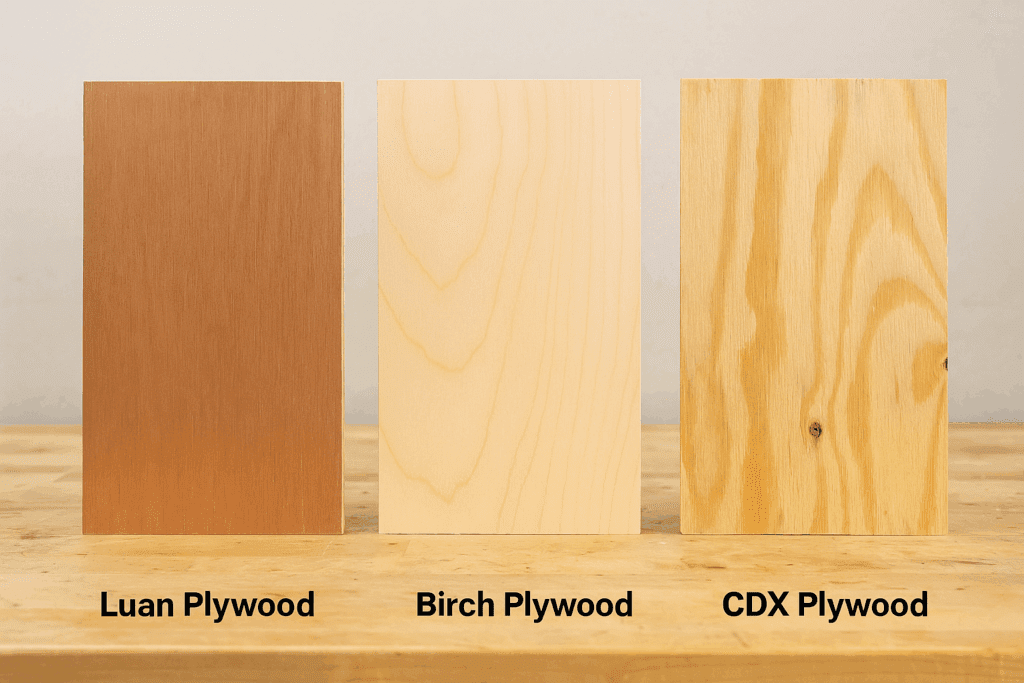Side-by-side shot of luan, birch, and CDX plywood sheets on a workbench